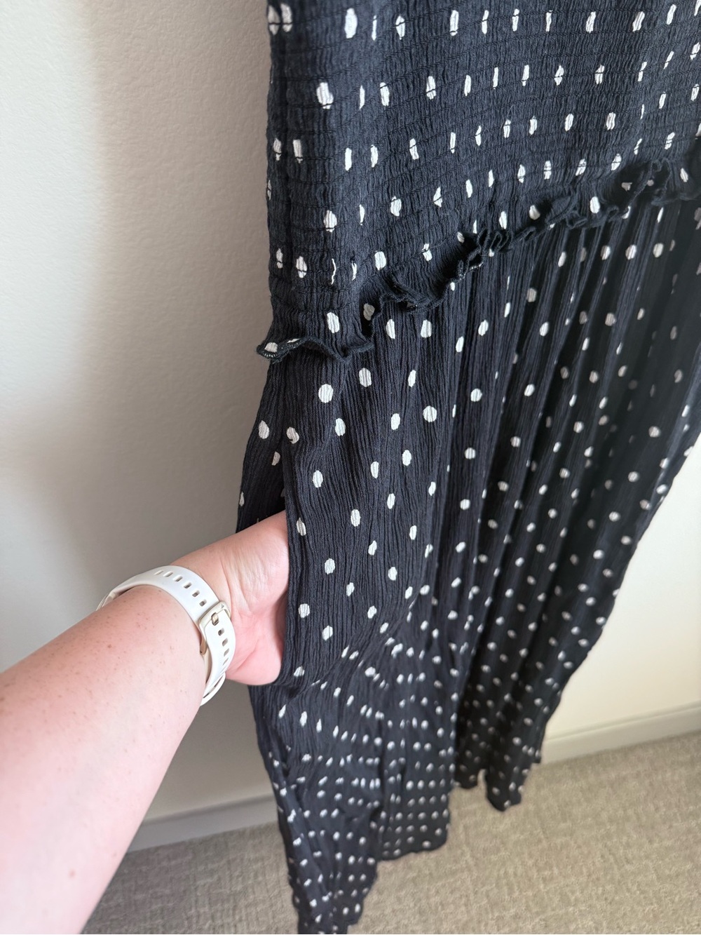 Aerie At the Barre Smocked Midi Dress Black White Polka Dot Pockets XL - Picture 11 of 15